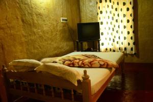 a bedroom with a bed and a tv in a room at Greenways Tree House and Mud House in Chekadi