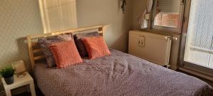 a bedroom with a bed with pillows and a window at SUPERB FLAT WITH 3 BEDROOMS PARKING AND BALCONy in Antwerp