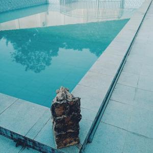 una roccia seduta accanto alla piscina di Grand Buana Lestari Hotel a Duku