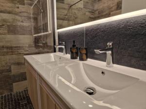 a bathroom with a white sink and a mirror at Appartement les petits Baobabs in Mamoudzou