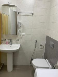a bathroom with a sink and a toilet and a mirror at Hillside Bakuriani in Bakuriani