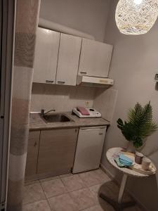 a kitchen with white cabinets and a sink and a plant at Chris -Nikol STUDIO in Kallithea Halkidikis