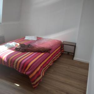 a bed in a room with a colorful blanket on it at Chambres privatives avec espaces partagés dans maison Roubaix centre in Roubaix