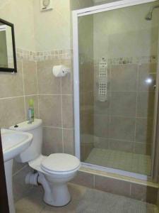 a bathroom with a shower and a toilet and a sink at Surabaya 21 in Margate