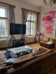 ein Wohnzimmer mit einem Sofa und einem TV in der Unterkunft Wenceslas square apartment 150 m2 in Prag