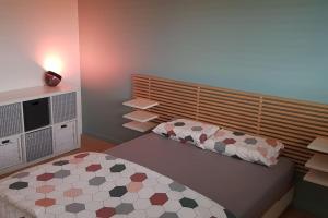 Mały pokój z łóżkiem i poduszką w obiekcie Maison Passive avec piscine proche Colmar w mieście Logelheim
