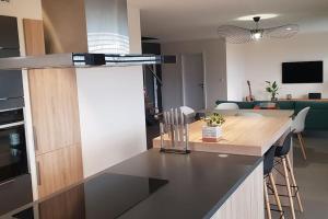 a kitchen and living room with a counter top at Maison Passive avec piscine proche Colmar in Logelheim