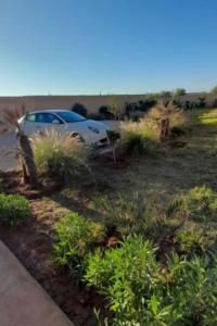 ein weißes Auto, das auf einem Feld mit Pflanzen parkt in der Unterkunft Les Domaines de Marrakech in Marrakesch