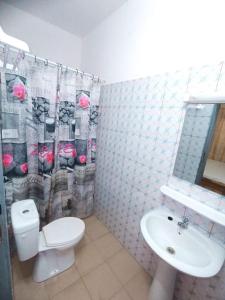 ein Badezimmer mit einem weißen WC und einem Waschbecken in der Unterkunft Résidence aux deux cocos in Lomé