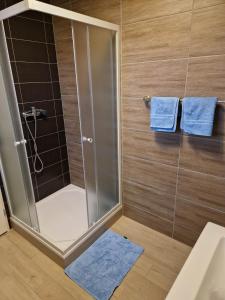 uma casa de banho com um chuveiro e 2 toalhas azuis em Penzion Dubí - Ruská 393 - 110 em Dubí