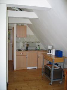 a kitchen with a sink and a table in a room at Zum Schwarzen Stiefel- Ferienwohnung Atelierhaus in Liepe