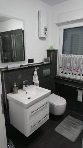 Un baño con un lavabo blanco y un inodoro. en Ferienwohnung Haus Merle, en Jestädt