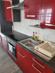 czerwona kuchnia ze zlewem i kuchenką w obiekcie Ferienappartment Mary w mieście Skunca +7 zdjęć