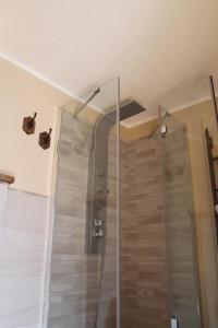 a shower with a glass door in a bathroom at Green Hotel Herbetet in Cogne +23 photos