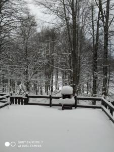 um banco coberto de neve ao lado de uma cerca em Casa nel bosco em Livata