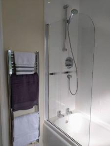 een badkamer met een douche en een wastafel bij No 8 in Kington