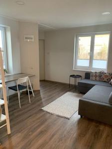 uma sala de estar com um sofá e uma mesa em Cozy apartment in Karmelava em Karmėlava