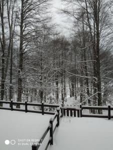 ein schwarz-weißes Foto eines Zauns im Schnee in der Unterkunft Casa nel bosco in Livata