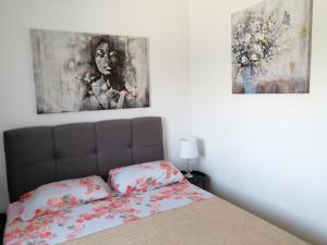 1 dormitorio con 1 cama y una pintura en la pared en Apartment Punta Skala, en Petrčane
