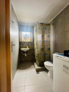 La salle de bains est pourvue d'un lavabo, de toilettes et d'une douche. dans l'établissement Fergani Apartments, à Moúdhros
