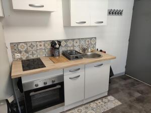 a small kitchen with a sink and a stove at Douceurs du littoral in Calais