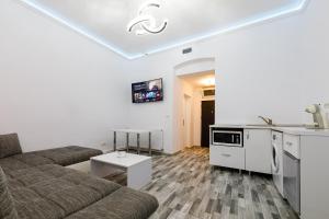 een woonkamer met een bank en een keuken bij Joy City Stay Pacha in Timişoara