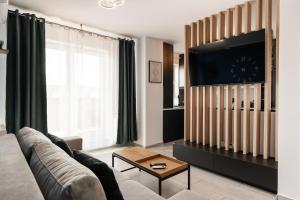 Una sala de estar con un sofá y un televisor de pantalla plana. en Skylark - Milano Studio with Terrace and Panoramic View, en Brasov