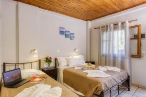 Ágios MatthaíosにあるChristinas apartmentsのベッドルーム1室(ベッド2台、ノートパソコン1台付)