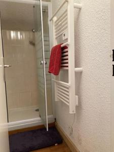 y baño con ducha y toalla roja. en Appartement Alpe Huez 8 personnes centre station en LʼHuez
