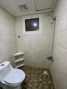 a bathroom with a toilet and a tv on the wall at شقه بغرفة نوم تسجيل دخول ذاتي in Ar Rākah
