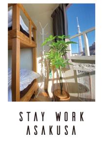 東京にあるSTAY WORK ASAKUSA guest house 浅草店のベッドルーム1室(二段ベッド1組、鉢植えの植物付)