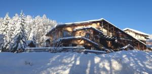 a log cabin in the snow with trees at L'Ours Blanc in La Féclaz