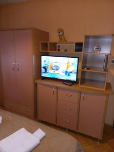 sala de estar con TV en un soporte de madera en Luxury Apartments Bitola en Bitola