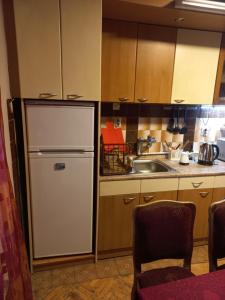 a small kitchen with a refrigerator and a sink at Luxury Apartments Bitola in Bitola