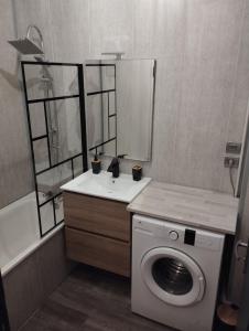 een badkamer met een wasmachine en een wastafel bij Appartement moderne in Le Puy en Velay