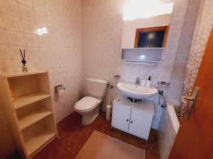 a small bathroom with a toilet and a sink at Le Cleuson - centré avec vue in Nendaz
