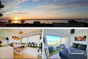 2 fotos de una sala de estar con vistas al océano en Appartement 1ere ligne piscine terrasse au bord de la plage front de mer avec 6 vélos en Palavas-les-Flots