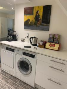 una cocina con lavadora y una pintura en Skovbakkegaardens Bed & Bath, en Aalborg