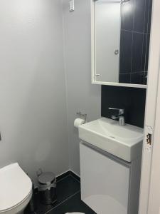 uma casa de banho branca com um lavatório e um WC em Skovbakkegaardens Bed & Bath em Aalborg