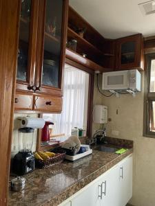 cocina con armarios de madera y encimera en Apart Barra da Tijuca, en Río de Janeiro