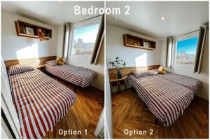 two pictures of a room with two beds at De Strandhoed Renesse, new & luxe chalet with garden en close to centrum & beach! in Renesse