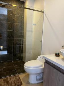 a bathroom with a toilet and a shower at Apartamento de lujo Manizales in Manizales