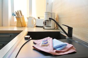 eine Küchenspüle mit 2 Handtüchern und einem Wasserhahn in der Unterkunft Hamburg App. 04 in Ahlbeck