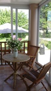 una mesa con una maceta en un porche en Calme et sérénité au gîte des hortensias, en Vaux-en Couhé