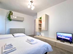 1 dormitorio con 1 cama y TV de pantalla plana en Inima Iasului - Central View Apartment en Iaşi