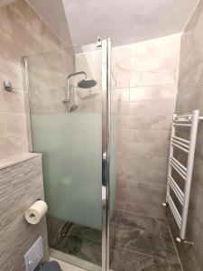 y baño con ducha y puerta de cristal. en Inima Iasului - Central View Apartment, en Iaşi