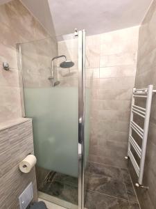 a shower with a glass door in a bathroom at Inima Iasului - Central View Apartment in Iaşi