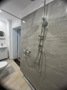 y baño con ducha y aseo. en Tani Apartament Duszniki-Zdrój en Duszniki Zdrój