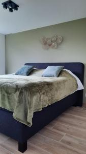 a bedroom with a bed with a blue bed frame at De Groene Bever in Lo-Reninge