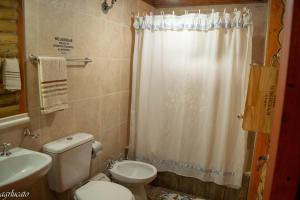 a bathroom with a white shower curtain and a toilet at Rincón Lejano in Potrerillos +70 photos
